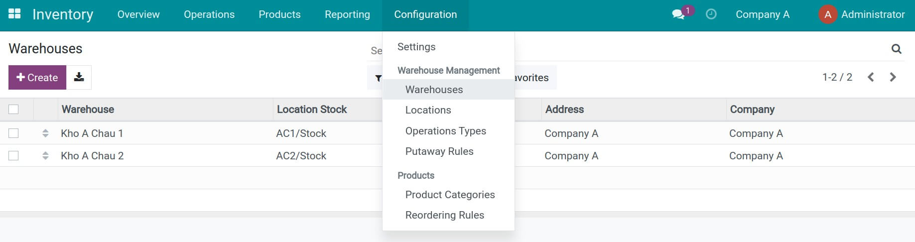 Set up multi-warehouses in Company A